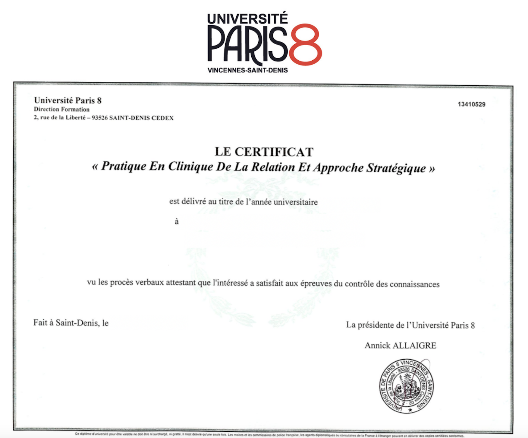 certificato Paris 8 N2 LOGO